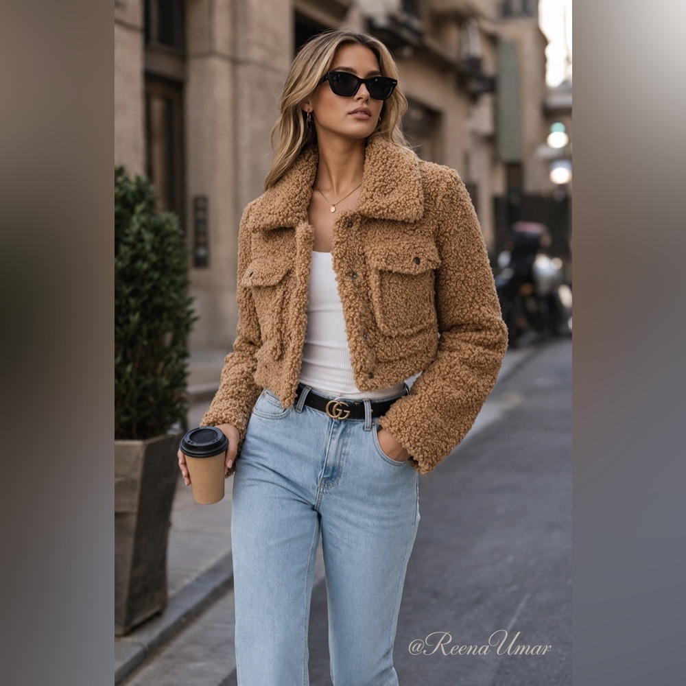 Bardot Camel Teddy Sherpa Cropped Jacket – Size Medium